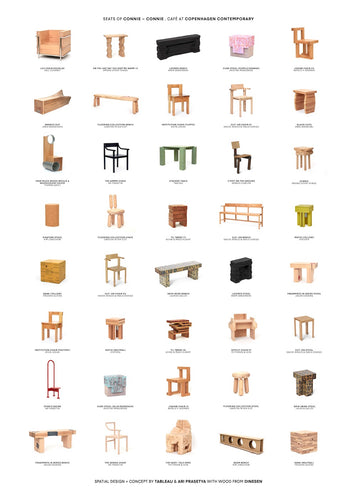 Seat of Connie by Artist Connie. White background picture featuring 40 different designer chairs in multiple different styles, colours and materials